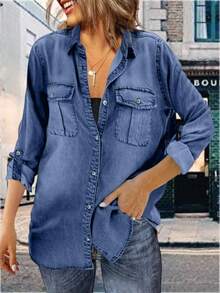 Womens Button Down Denim Shirt Long Sleeve Roll Up Casual Oversized Jean Shirt Jacket Distressed Tunic Tops - 藏蓝色 - 查看 1