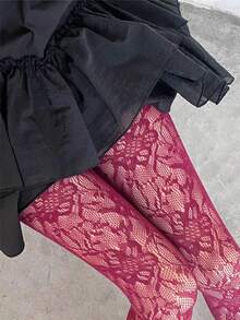 Women's Wine Red Floral Pattern Jacquard Hollow Out Fishnet Leggings, Sexy Tight Fit Sheer Pantyhose, High Elasticity Chic Stockings