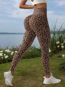 高腰瑜伽紧身裤，收腹跑步瑜伽紧身裤，女款 - 棕色 - 查看 1