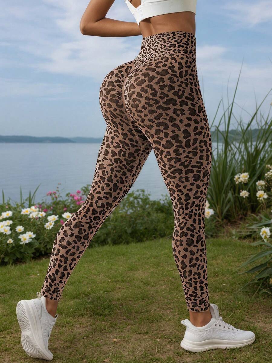 高腰瑜伽紧身裤，收腹跑步瑜伽紧身裤，女款 - 棕色 - 查看 1