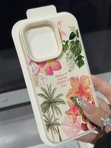 Capa de Telefone Macia, Resistente a Choques e Modas, Estilo Resort, 1 Peça, Ilustração Vintage da Flor de Hibisco e Árvore de Coco com Textura de Lichia, Anti-Queda e Antiderrapante, Compatível com Apple, Telefones, Versão Internacional, Não a Versão Doméstica, Aniversário - Multicolorido - Visão 2