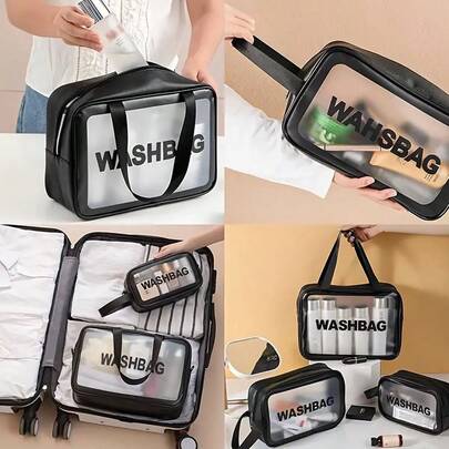 3pcs Toilet Bag Set - Waterproof, Portable Makeup Storage Bag With Transparent Window, Suitable For Fitness, Swimming, And Travel Essential Items, Perfect Gift For Men And Women, Travel Essential Storage Bag | Fashionable Design | Durable Handle, Makeup Storage Bag