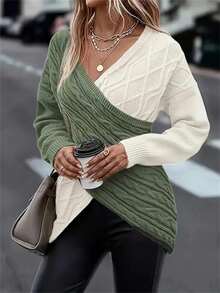 Plus Size Solid Color Patchwork Long Sleeve Casual Twist Rope Pullover Sweater, Elegant Party & Holiday Wear For Women, Autumn/Winter - Green - View 3