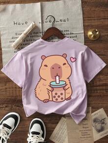 Tween Girls' Casual Purple Graphic Print Crew Neck Short Sleeve T-Shirt, Summer Top - Mauve Purple - View 3