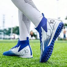 أحذية كرة القدم للرجال، أحذية كرة القدم للنساء، مناسبة للأرض الاصطناعية والأرض الصلبة الداخلية والخارجية، تصميم عالي الأعلى مدبب، مناسبة لتدريب اللاعبين المحترفين الشباب، أحذية رياضية احترافية مزودة بمسامير للأرض الاصطناعية - ازرق وابيض - مشاهدة 5