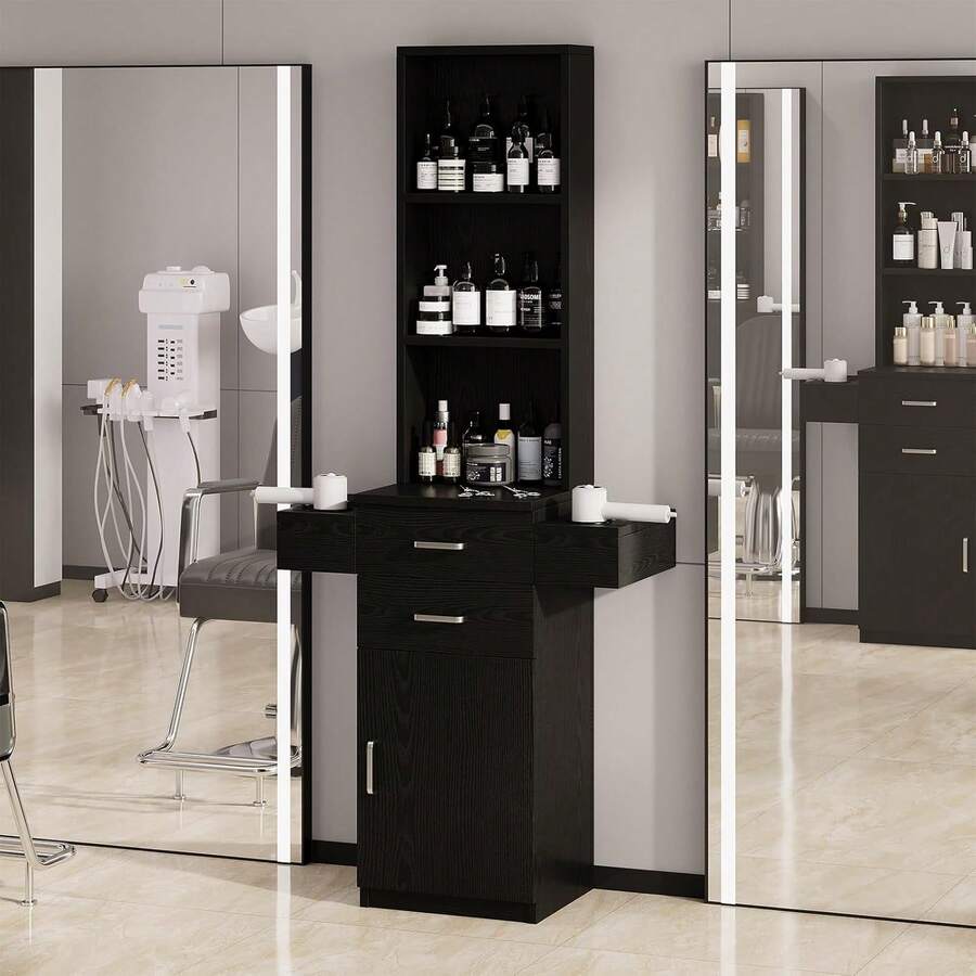 Hombck Salon Station For Hair Stylist, Salon Station With Barber Cabinet, Hair Stations Equipment Hair Dryer Holder, Drawers, Storage Cabinet For Hair Styling, White/ Black/ Pink - 黑色 - 查看 1