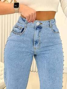 Women's Retro Loose Straight Leg Denim Pants Solid Color Washed Front Button Pocket With Rivets, Loose Wide Leg Jeans, Suitable For Daily Casual Wear - 淺色水洗藍 - 查看 2