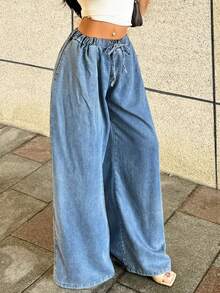 Jeans Pants For Women High Waisted Drawstring, Loose And Breathable Ultra-Thin Denim Commuting Casual Pants - Rửa nhẹ - Xem 2