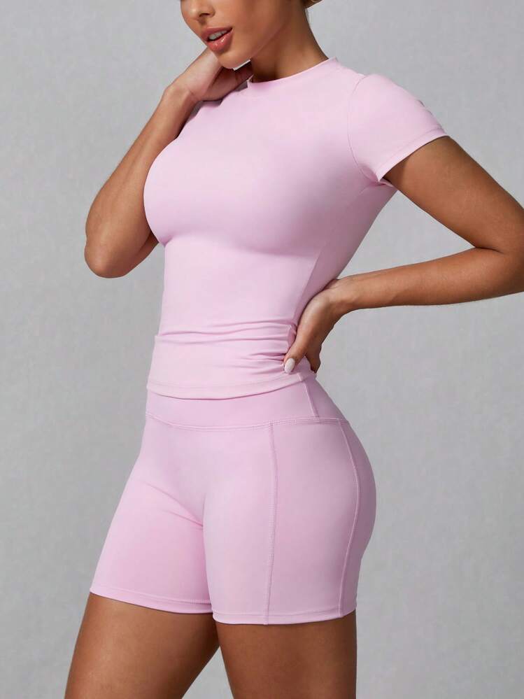 Conjunto deportivo de verano para mujer de unicolor simple con pantalones cortos y manga corta - Rosa - Añade 6