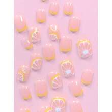 Summer New 24pcs Square Shaped Nail Set With Gems Lemon Print Incl. 1 Nail File And 1 Jelly Gel Suitable For Women And Girls Fresh French Lemon Style Press On Nails - Multicolor - View 4