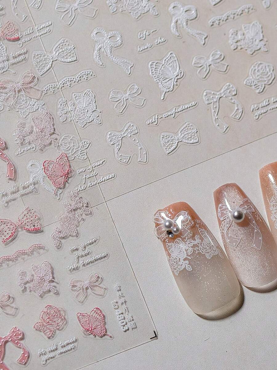 1片秋季新款白色/黑色/粉色蕾丝蝴蝶结美甲贴纸，可爱蝴蝶结美甲贴纸，白色粉色3D自粘复古精致蝴蝶结美甲设计用品，丝带蝴蝶结，女士DIY美甲装饰 - 彩色 - 查看 1