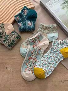 5 Pairs Mixed European & American Style Vintage Thin Socks, Embossed Palace Style, Korean, Japanese, Boat Socks, Summer - Multicolor - View 4