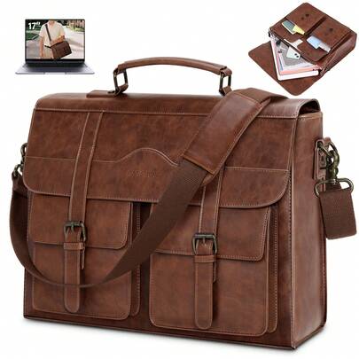 NEWHEY Messenger Bag For Men 17 Inch Vintage Leather Waterproof Laptop Briefcase Large Computer Laptop Bag Leather Satchel Bag Retro Shoulder Bag For Office Business Travel College Laptop Bags Purse Organizer