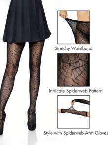 1 条女式万圣节渔网紧身裤，高腰蕾丝蜘蛛网图案紧身裤 - 黑色 - 查看 5