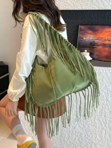 女士单肩托特包，复古休闲大容量腋下软皮流苏单肩包，