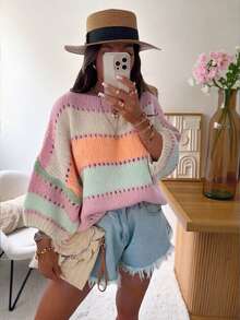Áo len chui đầu nữ mùa thu/đông 2025 kiểu retro kẻ sọc phối màu tương phản, thích hợp cho đi học, Giáng sinh, hẹn hò, áo len trễ vai, phong cách Hàn Quốc, trang phục kín đáo mùa thu, dự tiệc, phong cách Y2K, áo đi chơi, đi xem hòa nhạc, hẹn hò, thường ngày, năm mới, trang phục mùa đông, ngày Quốc khánh Ả Rập Xê Út, sang trọng, phong cách đồng quê - Bụi tím - Xem 1