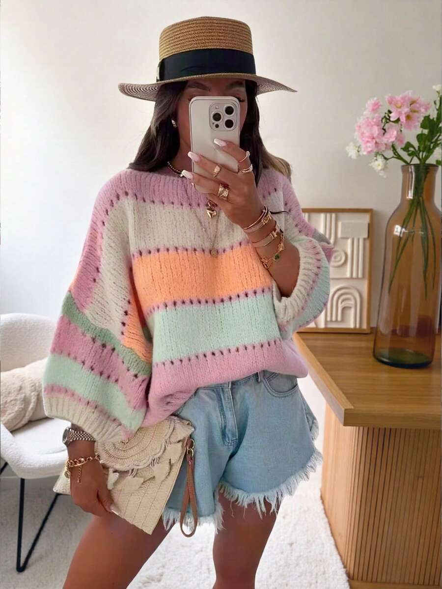 Áo len chui đầu nữ mùa thu/đông 2025 kiểu retro kẻ sọc phối màu tương phản, thích hợp cho đi học, Giáng sinh, hẹn hò, áo len trễ vai, phong cách Hàn Quốc, trang phục kín đáo mùa thu, dự tiệc, phong cách Y2K, áo đi chơi, đi xem hòa nhạc, hẹn hò, thường ngày, năm mới, trang phục mùa đông, ngày Quốc khánh Ả Rập Xê Út, sang trọng, phong cách đồng quê - Bụi tím - Xem 1