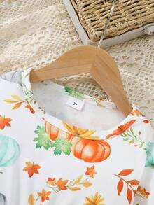 Girl's Single Piece Thanksgiving Party Dress Halloween New Pumpkin Maple Leaf Full Print Round Neck Multi-Layer Pleated Lace Contrasting Horn Long Sleeved Holiday Casual Single Piece Umbrella Shaped Dress - Nhiều màu - Xem 3