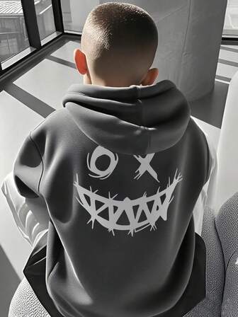 Tween Boys Casual Printed Black Thermal Lined Hoodie Sweatshirt, Autumn