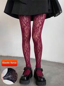 Women's Wine Red Floral Pattern Jacquard Hollow Out Fishnet Leggings, Sexy Tight Fit Sheer Pantyhose, High Elasticity Chic Stockings