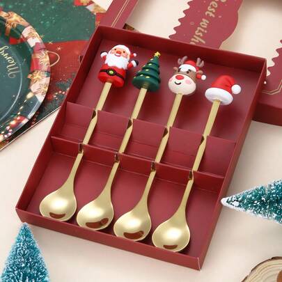 Christmas Tree Spoon & Fork Set - 2pcs Stainless Steel Dessert Spoons With Santa Claus Gift Box For Coffee, Fruit, Party Decor