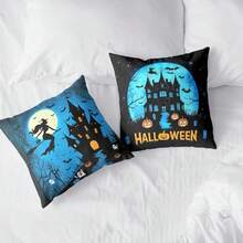 2 pièces Taie d'oreiller d'Halloween Château de sorcière Taie d'oreiller Horreur Pleine lune Nuit Taie d'oreiller Chauve-souris Fantôme Citrouille Housse de coussin Fête de vacances Décoration de maison Canapé Simple sans rembourrage - Bleu azur - Voir 3