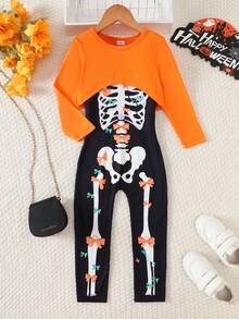 Girls' Casual Fashion Outdoor Fitted Halloween Orange Short Crew Neck Long Sleeve Top With Skeleton Pattern Suspender Jumpsuit - Orange - View 4