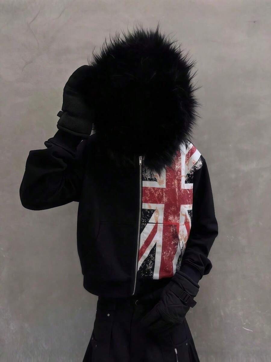 2025 New Street Y2k Autumn And Winter Hooded Cardigan Sweatshirt Black Fur Hat Loose Hoodie Men's And Women's Same Style - màu đen - Xem 1