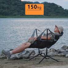 Plegables Camping 150KG Mecedora con Respaldo, Hamaca silla de camping, Silla de Pesca Ajustable, Sillas de Jardín Portátiles para Camping, jardín, balcón, Picnic, Interior,con bols (Negro) - 1 - Ver 8