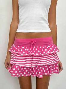 Women's Summer Mini Skirts Pink Dot Print Tiered Skirt For Daily, Travel, Parties - Hồng - Xem 1