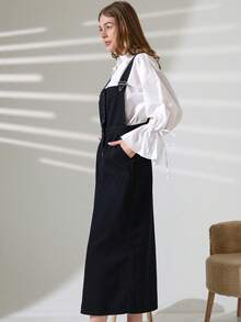Women's Casual Solid Color Front Button Pocket Denim Dress - Black - View 3