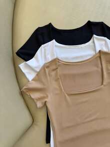 Kit 3 Short Sleeve Blouses With Square Collar - 彩色 - 查看 4