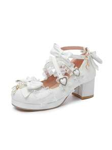 Women's Kawaii Shoes Cross Strap Pumps Cute Ankle Strap Mary Jane Shoes Wedding Lace Mid Chunky Heel Pumps - trắng - Xem 3