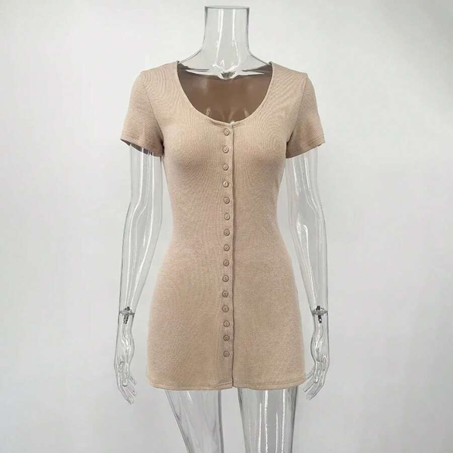 Knitted Mini Dress Female Summer New Elegant V Neck Buttons Short Sleeve Dress High Elasticity Casual Women's Dress - 膚色 - 查看 1