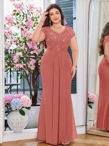 Plus Deep V-Neck Sequin Lace Contrast Ruched Draped Front Mermaid Hem Evening Party Formal Dress - Dusty Pink - View 4