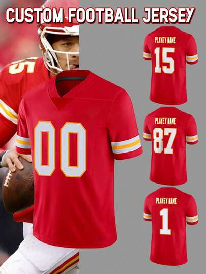 Customized Name & Number Men's Embroidered American Football Jersey, Kansas City Red Team V-Neck Personalized Short Sleeve Shirt For Party, Match, Training, Sports, S-XXL, Fashion, Minimalist, Easy To Wear, Personalized, Customized, Unique, Customized Football Player Outfit, Men's Clothing, Customized Football Jersey, Sportswear, Ideal Gift For Boyfriend, Family, Friends, Kids Birthday, School/Match, Sports/Climbing