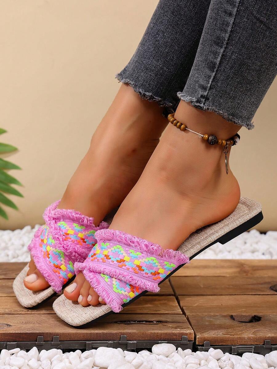 2025 New Pink Fringed Woven Pattern Open Toe Women Slippers - Baby Pink - View 1