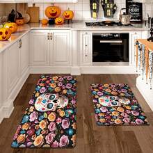 1pc Thickened 0.47 Inch/1.2cm Halloween Colorful Skull Pattern Kitchen Mat, Rose Background Non-Slip Polyester Floor Mat, Suitable For Bathroom, Bedroom, Game Room, Indoor And Outdoor Day Of The Dead Decoration Halloween Party - Multicolor - View 5