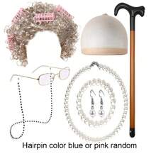 8pcs Vintage Grandma Costume Accessories Set, Including A Wig With Hair Net, A Pair Of Glasses With Chains, A Pearl Necklace, An Infl Crutch, A Bracelet, A Pair Of Earrings, Suitable For Carnival Mask Play. Prom Halloween