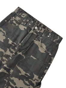 女士宽松休闲直筒牛仔裤，带口袋，夏季迷彩图案 - 軍綠色 - 查看 9