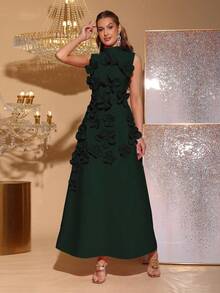 Nowa, elegancka, dopasowana sukienka bez rękawów z wysokim kołnierzem i motylkową wstążką, zdobiona motywem kwiatowym 3D, idealna dla gości weselnych, druhen, na przyjęcia świąteczne i formalne wieczorowe - Ciemnozielony - Zobacz 4