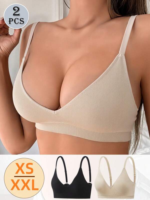Set de 2 sujetadores sin costuras para mujer con aros inalámbricos con push up, ropa interior básica de unicolor, sujetador deportivo cómodo y transpirable, lencería sexy sin espalda, con tirantes ajustables y tejido estriado acolchado