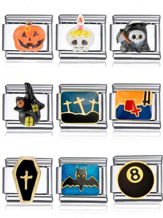 1pc 2025 Halloween Fashion Black 8 Cross Pumpkin DIY Italian Modular Charm Couple Bracelet Stainless Steel Jewelry Making Pendant Bracelet, Suitable As Gift For Friends And Family, Party, Matching Daily Outfit Accessories