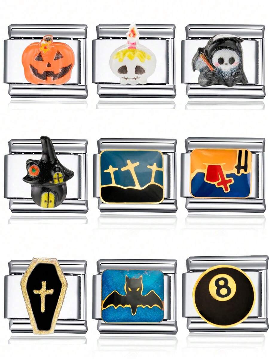 1pc 2025 Halloween Fashion Black 8 Cross Pumpkin DIY Italian Modular Charm Couple Bracelet Stainless Steel Jewelry Making Pendant Bracelet, Suitable As Gift For Friends And Family, Party, Matching Daily Outfit Accessories