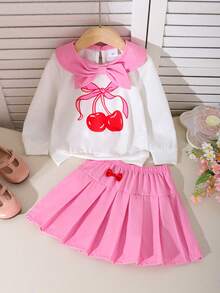 Conjunto de 2 Peças Blusa de Manga Longa Elegante com Gola e Saia para Meninas