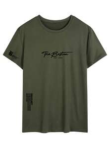 Camiseta de manga corta con cuello redondo y estampado minimalista para hombres - Verde militar - Ver 3