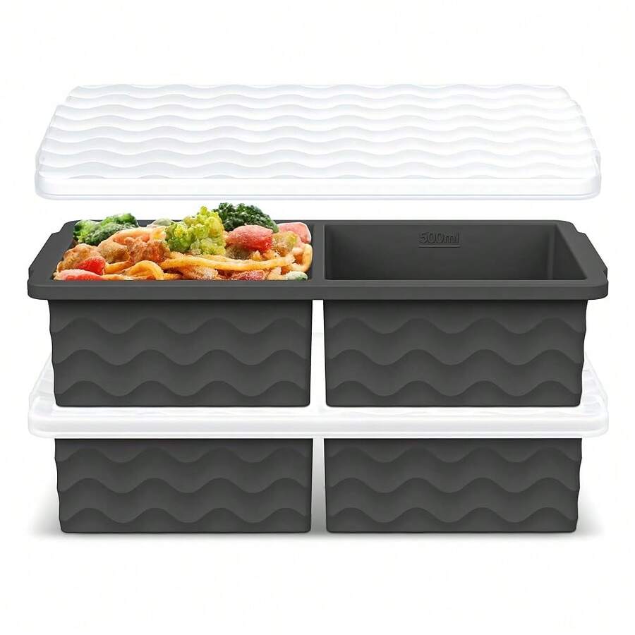 Silicone Freezer Tray For Soup With Lid - 2 Cup Soup Freezer Container Molds - Extra Large Ice Cube Tray - Silicone Freezer Food Molds For Freezing & Storing Soup, Sauce, Broth, Leftovers (2 Pack)-814352 - Xám đậm - Xem 1