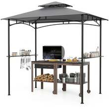 8' X 5' Grill Gazebo Outdoor Double-Tiered Grill Canopy W/ 2 Shelves & 6 Hooks - Grey and Black - View 3