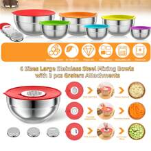 6 件带盖搅拌碗和 3 件磨碎器附件，不锈钢沙拉搅拌碗套装，32.12 盎司 + 47.34 盎司 + 64.25 盎司 + 81.15 盎司 + 108.2 盎司 + 1.72 加仑，烘焙工具，家用厨房配件
