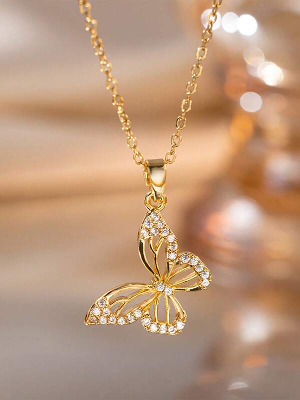 1pc 18K Gold Stainless Steel Elegant Hollow Butterfly Necklace, Suitable For Daily Wear
